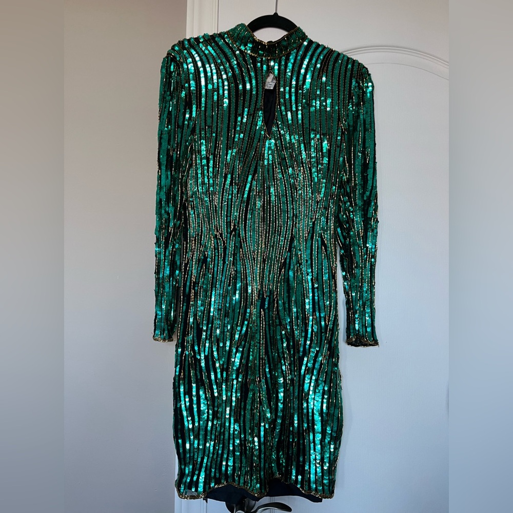 Vintage Showstopper Leslie Fay Green/Turquoise Sequin Long Sleeve Dress